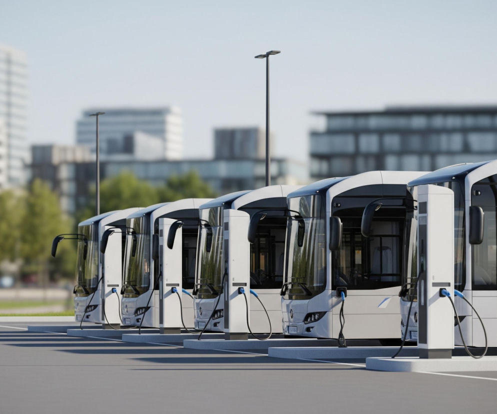 Rząd nowoczesnych, białych autobusów z czarnymi akcentami jest zaparkowany na dużym placu, każdy podłączony do białej stacji ładowania za pomocą kabla z niebieską wtyczką. W tle widoczne są rozmyte, wysokie budynki miejskie oraz drzewa z zielonymi liśćmi, a niebo jest jasne i bezchmurne. Asfaltowy plac jest szary z namalowanymi białymi liniami, a pomiędzy autobusami wznoszą się ciemne słupy oświetleniowe.