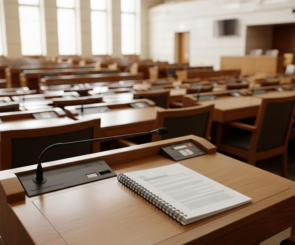 Na pierwszym planie widoczne jest drewniane biurko w kolorze jasnego brązu, na którym leży otwarty notatnik z biało-czarną spiralą i niezrozumiałym tekstem. Obok notatnika, po lewej stronie, znajduje się czarna podstawka z elastycznym, giętkim mikrofonem i dwoma prostokątnymi przyciskami. Za biurkiem rozciąga się rzędami puste audytorium z wieloma podobnymi drewnianymi biurkami i krzesłami z ciemnymi siedziskami, a w tle widać wysokie, prostokątne okna wpuszczające jasne światło.
