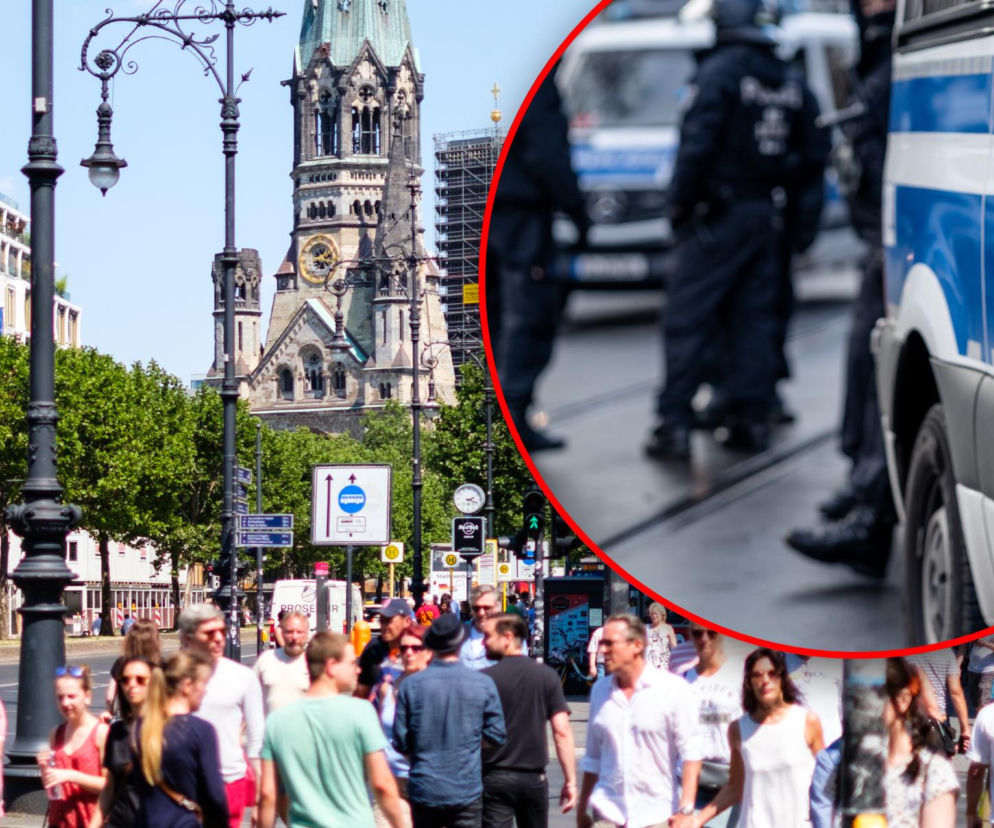 Tłum ludzi w Berlinie przy Breitscheidplatz. Na miniaturze obok widać policjantów. O bezpieczeństwie przeczytasz na SE.