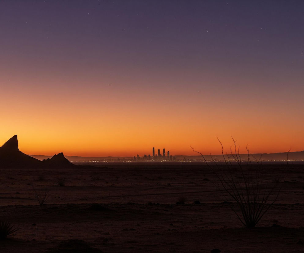 Rozległy krajobraz pustynny o zmierzchu lub świcie. Horyzont dominuje gradientowe niebo przechodzące od jasnego pomarańczu na dole do głębokiego fioletu i granatu u góry, z widocznymi pojedynczymi gwiazdami. Na pierwszym planie ciemna, piaszczysta ziemia usiana jest niskimi, suchymi krzewami i kilkoma większymi, ostro zakończonymi sylwetkami wzgórz po lewej stronie. W oddali, na linii horyzontu, widać zarysy miejskiej panoramy z wyraźnie oświetlonymi budynkami i długim pasmem świateł miasta.