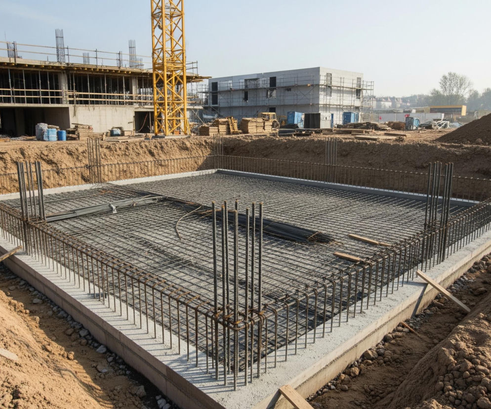 Duży wykop w ziemi, wypełniony zbrojeniem, dominuje pierwszy plan obrazu. Stalowe pręty tworzą gęstą siatkę na betonowej podstawie, wystając pionowo po bokach, a brązowa ziemia usypana jest wokół krawędzi. W tle widoczne są częściowo zbudowane budynki mieszkalne, z betonowymi ścianami i drewnianymi szalunkami na wyższych kondygnacjach, oraz fragment żółtego dźwigu budowlanego.