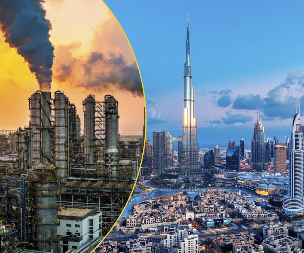Rafineria ropy naftowej z dymiącymi kominami i panorama Dubaju z wieżowcem Burdż Chalifa symbolizują zmiany na rynku ropy, o których przeczytasz na Super Biznes.