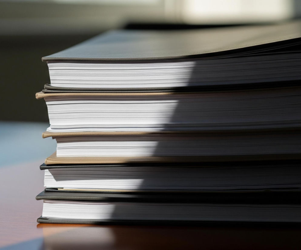 Na pierwszym planie, z lewej strony, wznosi się stos sześciu książek lub segregatorów, częściowo oświetlonych ukośnym pasmem światła. Trzy dolne oprawione są w ciemnoszary materiał, natomiast czwarty od dołu ma beżową oprawę. Dwie górne książki również mają ciemnoszare okładki; jedna z nich jest delikatnie otwarta, ukazując białe kartki. Stos spoczywa na brązowym, błyszczącym blacie stołu, który odbija światło w dolnej części obrazu. Tło jest rozmyte, utrzymane w ciemnych, szaro-zielonych barwach, z jaśniejszym obszarem w prawym górnym rogu.