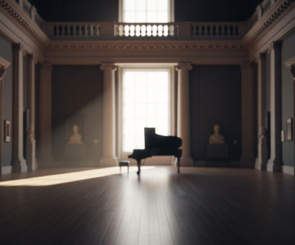 Wnętrze dużej, ciemnej sali z drewnianą podłogą i wysokimi ścianami w kolorze ciemnej szarości. Pośrodku pomieszczenia, na drewnianej podłodze, stoi czarny fortepian z otwartą klapą, oświetlony jasnym, naturalnym światłem wpadającym przez wysokie, prostokątne okno z wieloma szprosami, dominujące na środkowej ścianie w tle. Światło z okna tworzy długą, jasną smugę na podłodze, biegnącą w kierunku przodu obrazu.

Sala otoczona jest pilastrami i kolumnami o beżowo-brązowym odcieniu, które podtrzymują zdobiony gzyms. Na górze widać balustradę balkonu z beżowymi tralkami. Po lewej stronie, na ścianie widać obramowany obraz z rozmytą postacią, a po prawej stronie na tle ciemnej ściany stoi rzeźba przedstawiająca popiersie. Całość tworzy przestronne, klasyczne wnętrze.