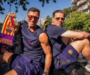 Robert Lewandowski i Wojciech Szczęsny na fecie Barcelony