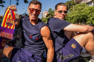 Robert Lewandowski i Wojciech Szczęsny na fecie Barcelony