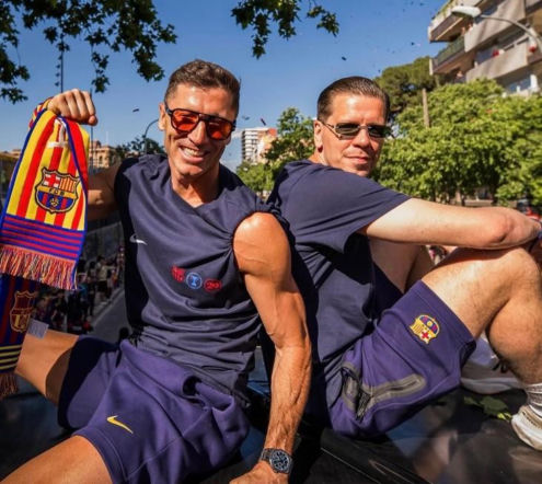 Robert Lewandowski i Wojciech Szczęsny na fecie Barcelony
