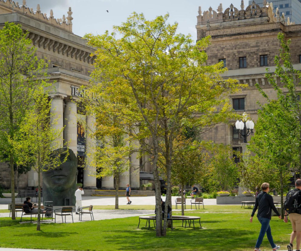 Zielony Plac Centralny z młodymi drzewami przed Pałacem Kultury. O metamorfozie Warszawy przeczytasz na SE.