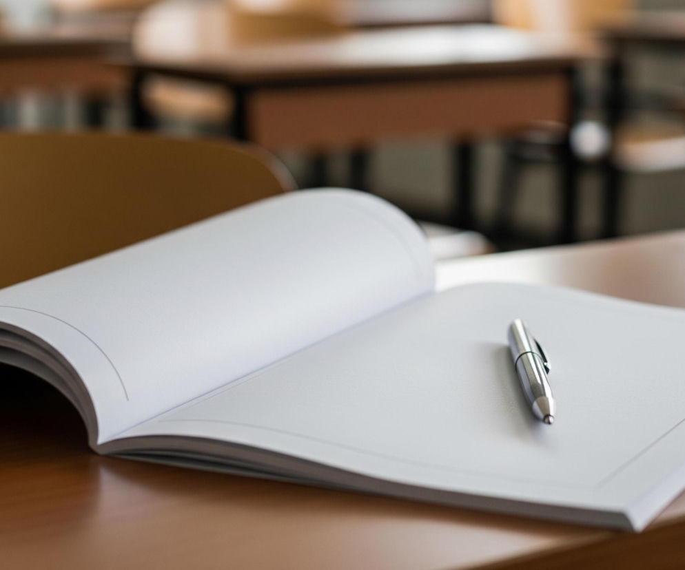 Na drewnianej ławce leży otwarty zeszyt z białymi, pustymi stronami, a na prawej stronie zeszytu spoczywa srebrny, metaliczny długopis. Tło przedstawia rozmazane elementy szkolnej klasy, w tym rzędy jasnobrązowych stolików i krzeseł. Dominują ciepłe odcienie brązu, bieli i szarości.