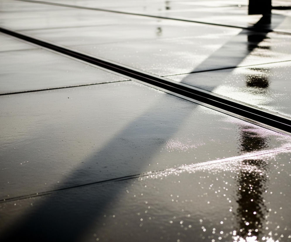 Szary, mokry chodnik, podzielony na prostokątne płyty wąskimi, ciemnymi szczelinami, rozciąga się pod niskim kątem. Pośrodku obrazu biegnie pod kątem główna ciemna fuga, prostopadle do niej odchodzą krótsze, mniej wyraźne linie, dzielące nawierzchnię. Powierzchnia odbija światło, tworząc liczne jasne punkty i smugi, szczególnie intensywne w prawej części zdjęcia, gdzie widoczne są również rozmyte, ciemne cienie obiektów poza kadrem.