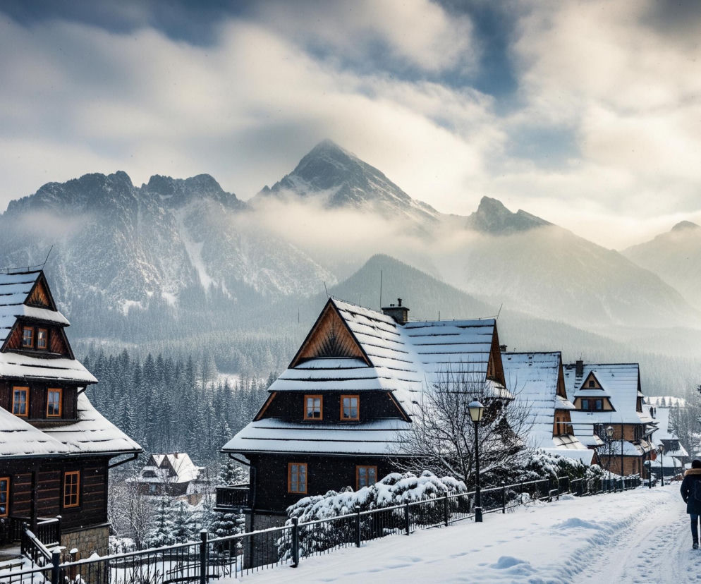 Zasypane śniegiem górskie miasteczko rozciąga się wzdłuż zaśnieżonej drogi, wzdłuż której rozmieszczone są liczne domy z drewnianymi elewacjami i spadzistymi dachami pokrytymi grubą warstwą białego puchu. W oddali wznoszą się potężne, ośnieżone szczyty gór, częściowo zakryte przez mgłę i chmury, które dominują nad niebem o zróżnicowanej kolorystyce, przechodzącej od ciemnoszarego po prawej stronie do jasnoniebieskiego i białego po lewej. W prawym dolnym rogu samotna postać w ciemnej kurtce z futrzanym kapturem idzie po zaśnieżonej ulicy, oddalając się w kierunku dalszych budynków. Po lewej stronie ulicy widać metalowe ogrodzenie i krzewy również pokryte śniegiem, a dalej w tle rozciąga się gęsty las iglasty.
