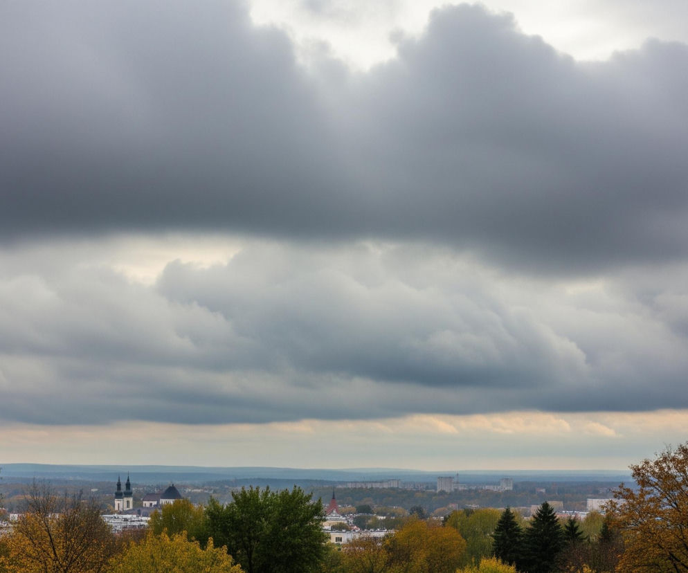 Ponad połowę kadru zajmuje zachmurzone niebo w odcieniach szarości i bieli, z najjaśniejszą częścią bliżej horyzontu. Poniżej, w dole obrazu, rozciąga się miejski krajobraz z dominującymi jesiennymi drzewami o liściach w odcieniach zieleni, żółci i pomarańczy. Wśród drzew widoczne są dachy budynków oraz charakterystyczne wieże kościoła po lewej stronie, a także liczne budynki w oddali. Na horyzoncie rysuje się pasmo wzgórz w mglistych błękitnych tonacjach.