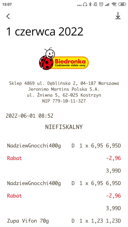 Rachunek w aplikacji Biedronki