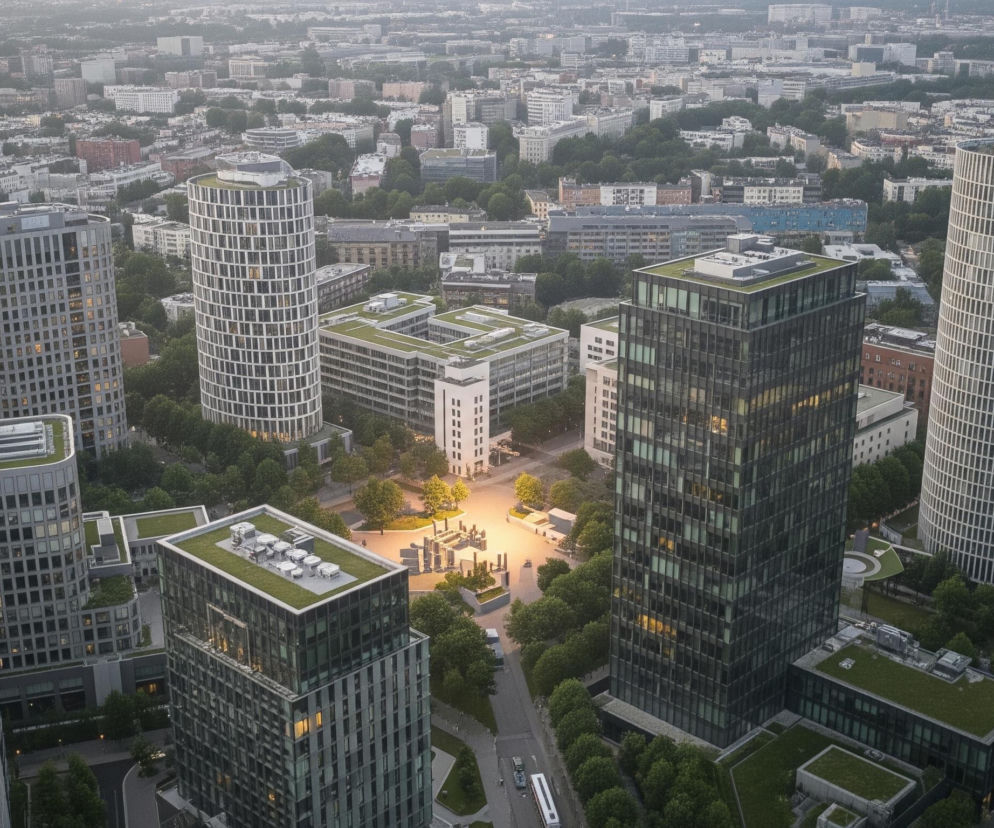 Widok z lotu ptaka na nowoczesne miasto, dominują liczne wieżowce o różnej wysokości i kształcie. Centralną część kadru zajmuje rozświetlony plac z instalacją artystyczną, otoczony przez drzewa i wysoką zabudowę. Wiele budynków ma zielone dachy. Horyzont jest zamglony, a niebo jasne, wskazując na wczesny wieczór lub poranek.