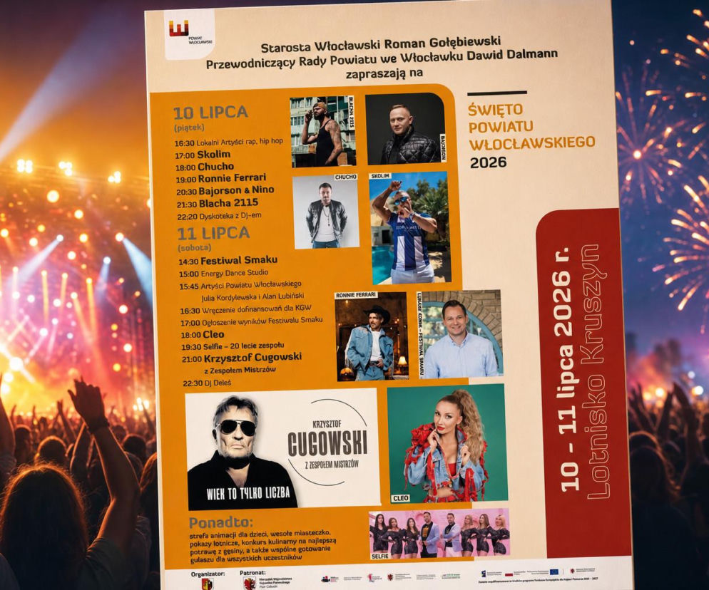 Plakat Święta Powiatu Włocławskiego 2026 na tle tłumu pod sceną. O koncertach Skolima i Selfie przeczytasz na VOX FM.