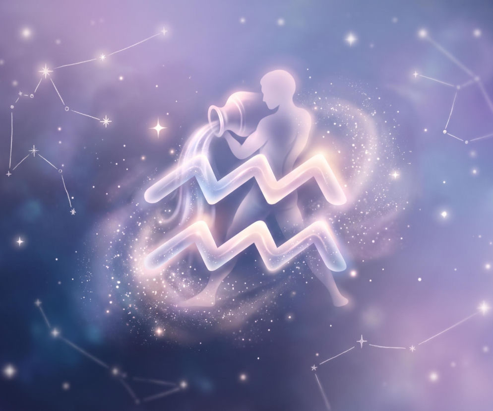 Świecący symbol znaku zodiaku Wodnik na tle kosmosu i gwiazd. O horoskopie dziennym przeczytasz w serwisie Eska.