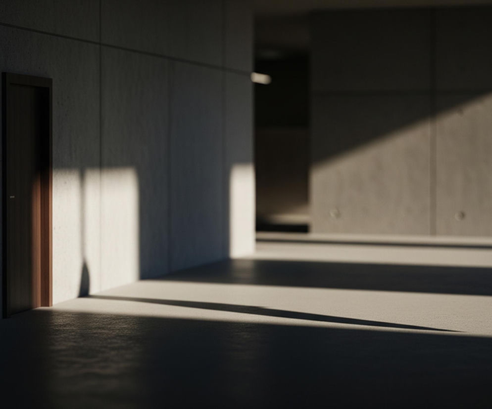 Drewniane drzwi, częściowo oświetlone światłem słonecznym, znajdują się na środku lewej strony obrazu, na tle szarej, betonowej ściany podzielonej pionowymi i poziomymi liniami. Po prawej stronie drzwi, na ścianie i podłodze rozciąga się intensywny, jasny pas światła, od którego odbiega długi, ciemny cień biegnący ukośnie przez szarą podłogę w kierunku prawego dolnego rogu. Dalsza część pomieszczenia, widoczna w tle, jest zacieniona, z niewyraźnymi elementami architektonicznymi.