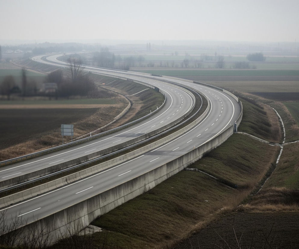 Szeroka, dwukierunkowa autostrada z trzema pasami w każdą stronę, oddzielonymi betonowymi barierami i metalowymi barierkami, wije się łagodnie w prawą stronę obrazu, zanikając w oddali w szarej mgle. Droga jest szara z białymi, przerywanymi liniami, a wzdłuż jej krawędzi rozciągają się zielono-brązowe, usypane zbocza i betonowe ściany, a także metalowe barierki ochronne. Po obu stronach autostrady rozciągają się pola uprawne w odcieniach zieleni i brązu, z rzadko rozsianymi, nagimi drzewami i krzewami. W tle widoczny jest zamglony horyzont z niewyraźnymi zarysami zabudowań i lasów, które stapiają się z jasnoszarym, pochmurnym niebem.