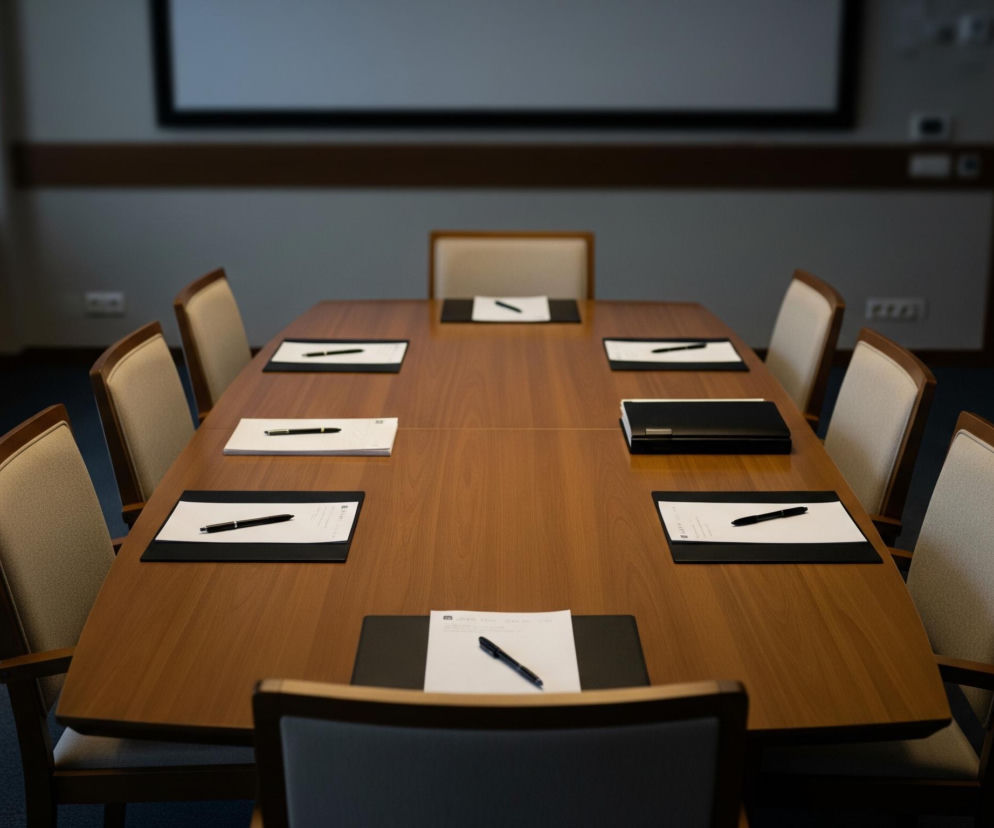 Centralnym elementem jest duży, podłużny stół konferencyjny z jasnobrązowego drewna, wokół którego rozmieszczono dziesięć krzeseł z drewnianymi ramami i beżowymi tapicerowanymi oparciami oraz siedziskami. Na stole leżą czarne podkładki z białymi kartkami papieru i długopisami, a w jednym miejscu widoczny jest również zamknięty czarny laptop. Tło stanowi szara ściana z brązową listwą i jasnym, rozmazanym ekranem projekcyjnym u góry, a także ciemne, rozmazane drzwi po prawej stronie. Pomieszczenie oświetlone jest delikatnym, miękkim światłem, tworzącym atmosferę spokoju, natomiast podłoga pokryta jest ciemnoszarym, wzorzystym dywanem.
