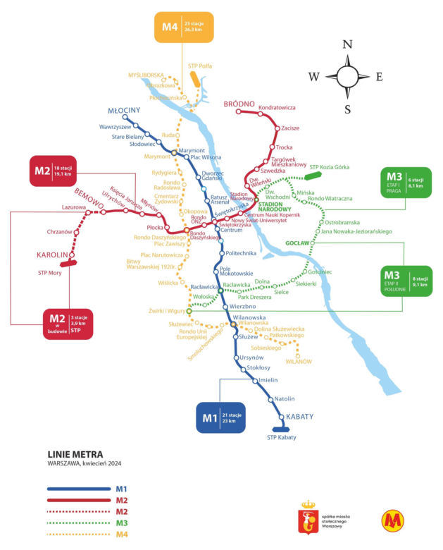 Mapa planowanej sieci metra w Warszawie w 2050 r.