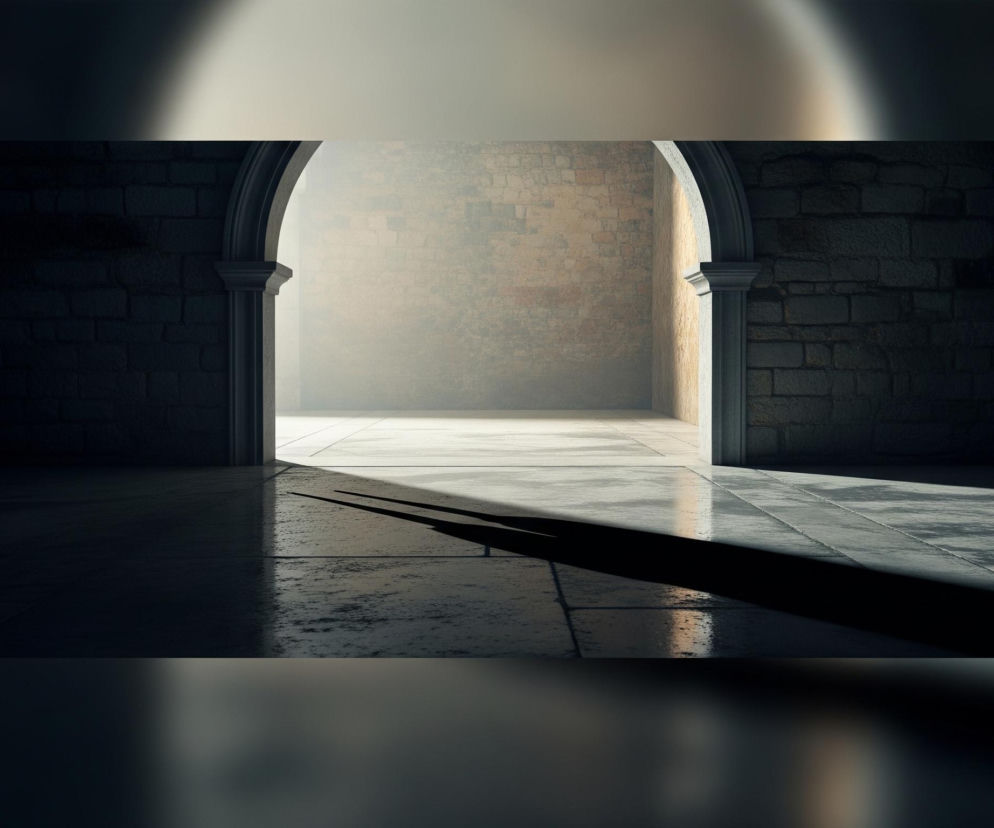 Centralny kadr ukazuje wnętrze korytarza lub sali z kamiennymi ścianami i posadzką, dominują półmroki i światło wpadające z głębi. Łukowate przejście z masywnymi filarami po obu stronach otwiera się na jaśniejsze, piaszczysto-żółte ściany, rozświetlone mocnym światłem od góry, tworzącym długie, ciemne cienie na podłodze. Reszta pomieszczenia po prawej i lewej stronie łuku pozostaje w głębokim cieniu, jedynie posadzka odbija słabe refleksy. Całość otacza szerokie, rozmyte, ciemne obramowanie.