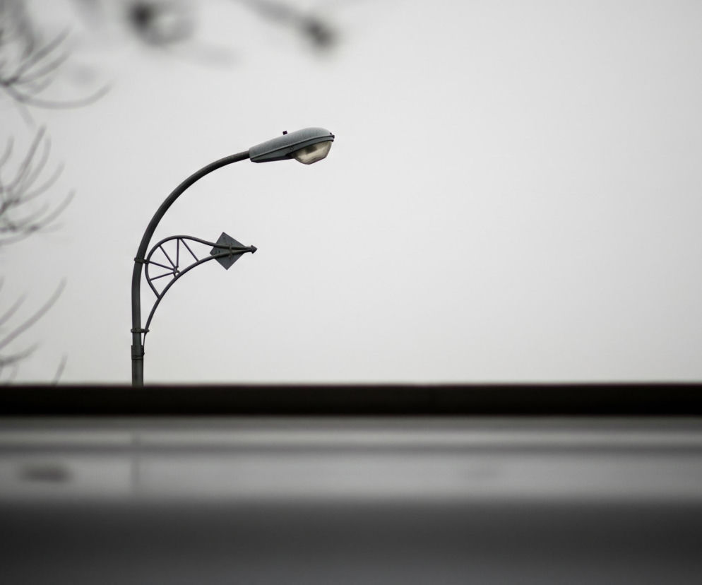 Szarobiałe niebo dominuje na górze kadru, zajmując około dwóch trzecich obrazu. Po lewej stronie, w górnej części, widoczne są rozmyte, ciemne gałęzie drzewa pozbawionego liści. Centralnie umieszczona jest szara latarnia uliczna o wygiętym ramieniu, zakończonym podłużną, owalną oprawą z przezroczystą szybą; poniżej ramienia latarni znajduje się ozdobny, kratownicowy element w kształcie łuku i przymocowany do niego, skierowany w prawo, romboidalny znak drogowy. Dolna jedna trzecia obrazu to rozmyty, poziomy pas w ciemnoszarym kolorze, sugerujący powierzchnię dachu lub okna.