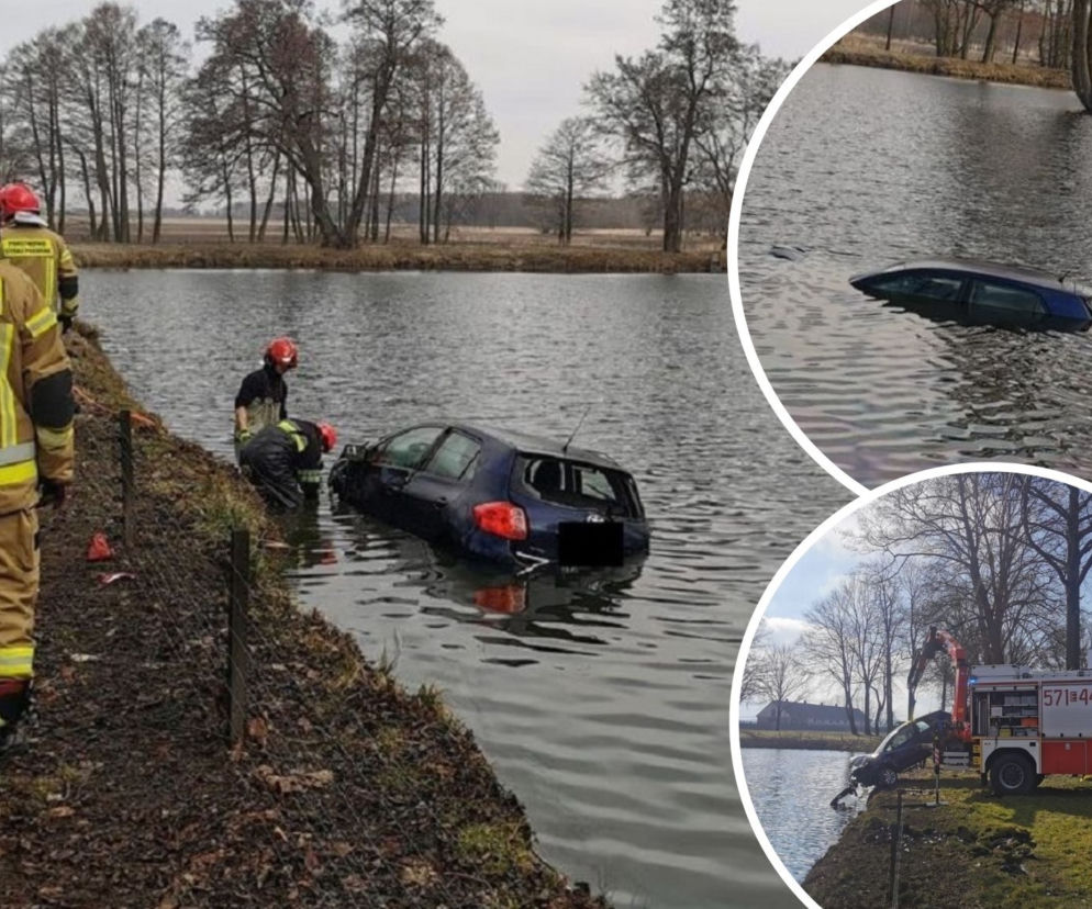 Groźny wypadek przy dworku w Krześlowie. Dachujące auto wpadło do fosy i zatonęło