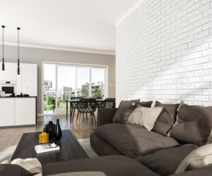 Cegłopodobna płytka w salonie w stylu nowoczesnym