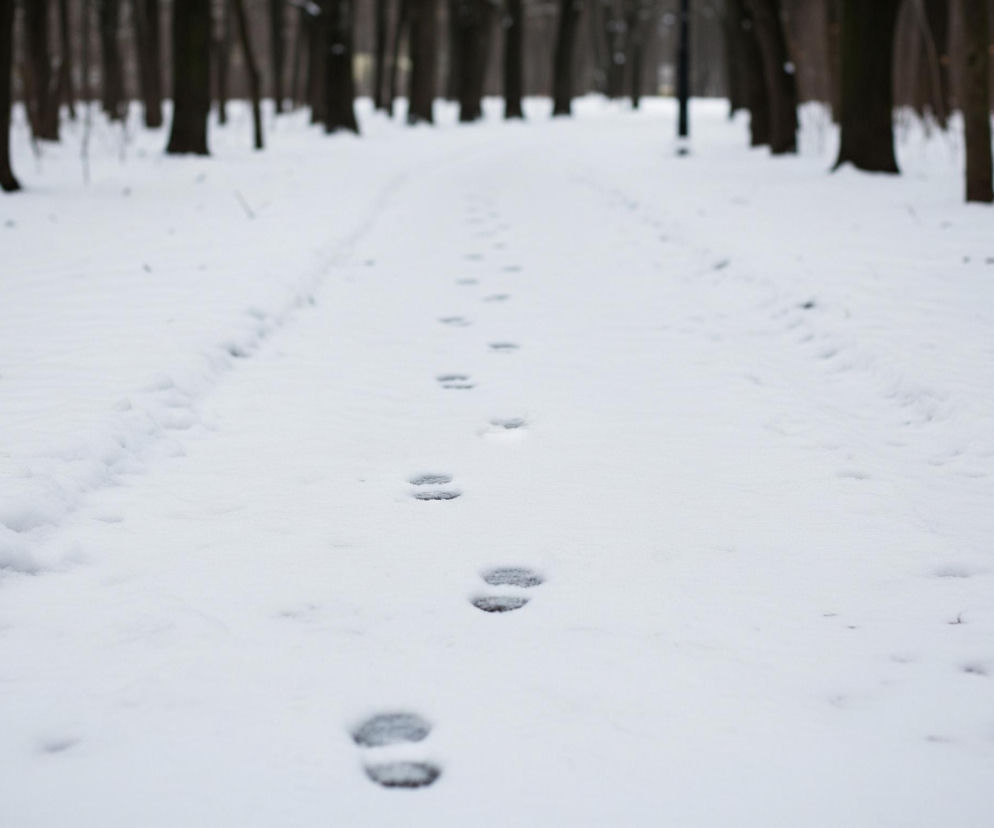 Zasypana śniegiem ścieżka biegnie przez las, z rzędem ciemnych pni drzew po obu stronach. Na środku ścieżki ciągnie się rząd odciśniętych śladów stóp w świeżym śniegu, wiodących w głąb obrazu. Śnieg pokrywa cały teren, tworząc jednolitą, białą powierzchnię, z niewielkimi zaspami po bokach ścieżki. Tło jest rozmazane, ukazując niewyraźne, pionowe kształty pni drzew w ciemnych odcieniach brązu i szarości.
