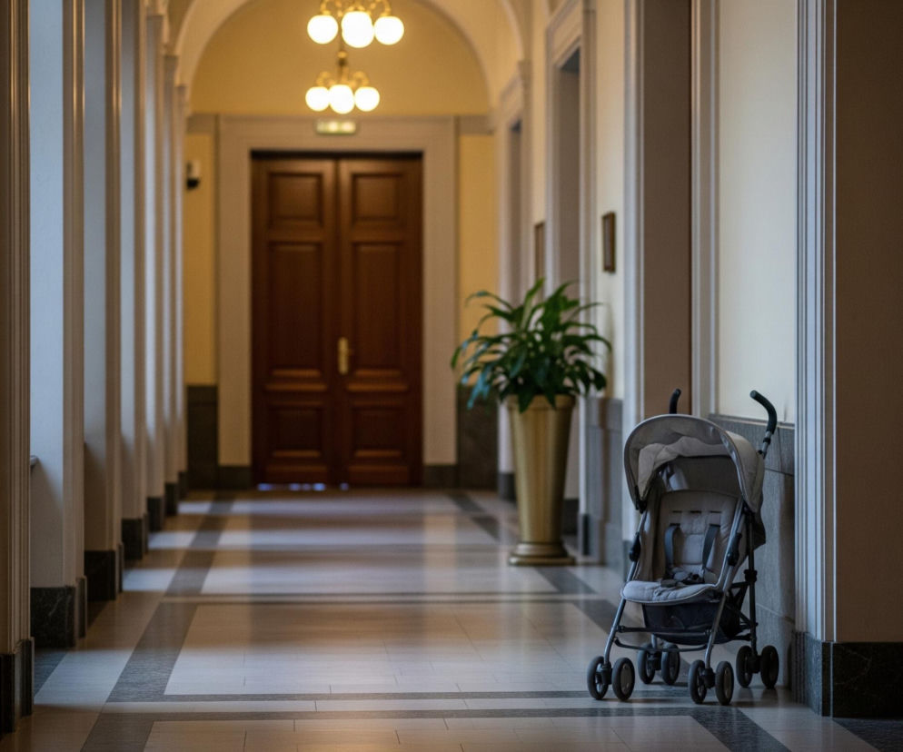 Szary wózek dziecięcy z czarnym stelażem i ośmioma czarnymi kółkami stoi z prawej strony korytarza, oparty o beżową ścianę. W tle rozciąga się długi, symetryczny korytarz z rzędami beżowych kolumn i drzwiami po obu stronach. Podłoga wyłożona jest jasnymi i ciemnymi kwadratowymi płytkami ułożonymi w pasy, prowadzące wzrok w głąb pomieszczenia. Na końcu korytarza widać podwójne, drewniane drzwi oraz jasne oświetlenie z żyrandoli, a przed nimi dużą donicę ze sztuczną zieloną rośliną.