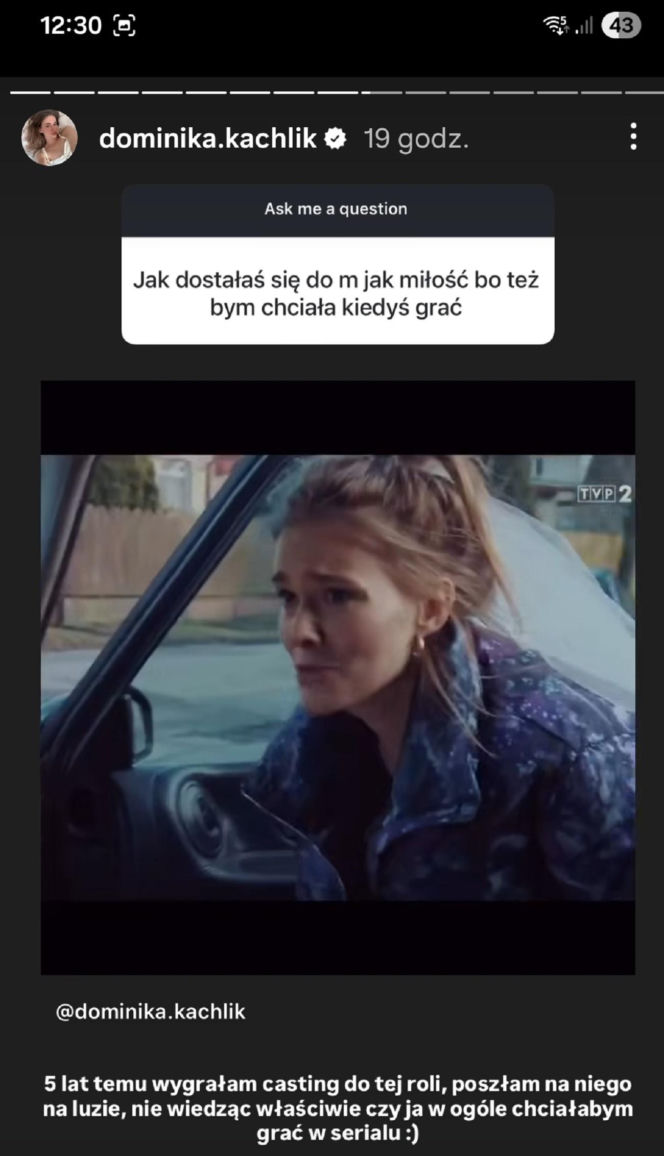 Dominika Kachlik (Franka z M jak miłość) na Instagramie jak zaczęła grać w serialu