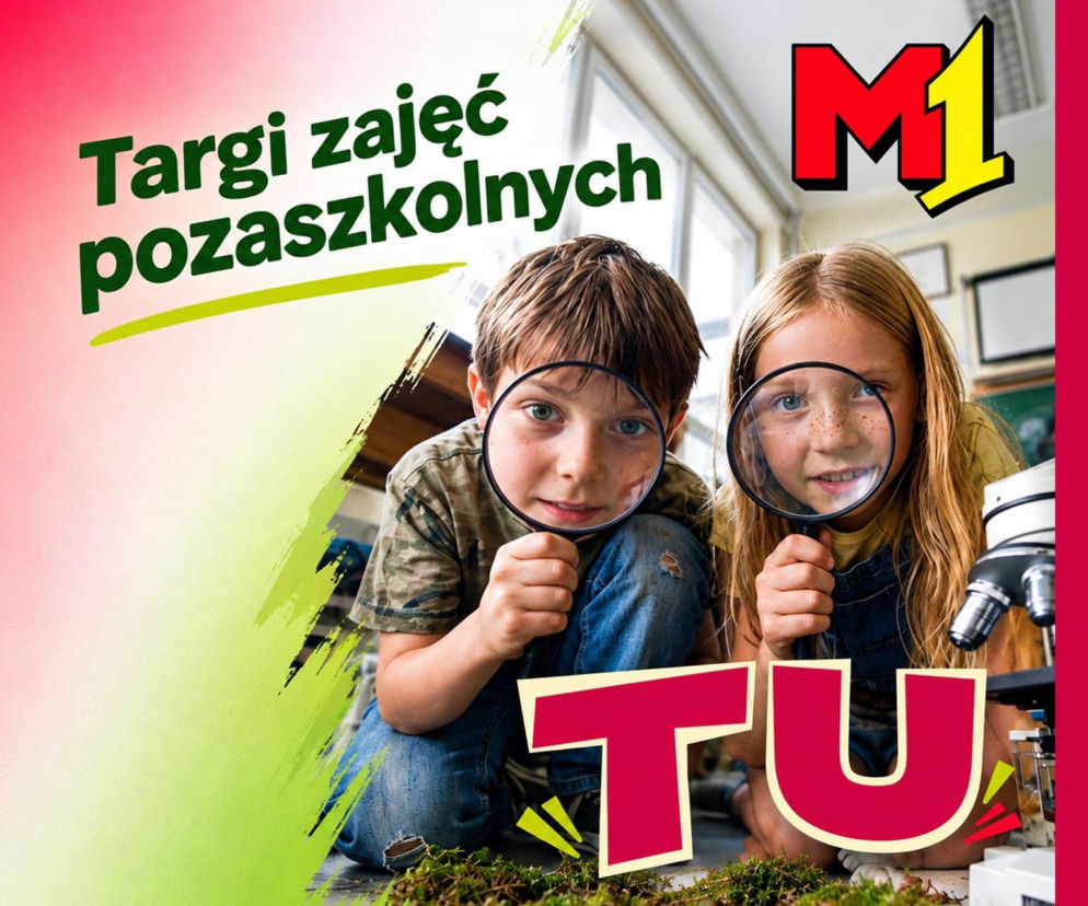 Dzieci z lupami. Napis Targi zajęć pozaszkolnych i logo M1. O pasjach po szkole przeczytasz na Eska Poznań.