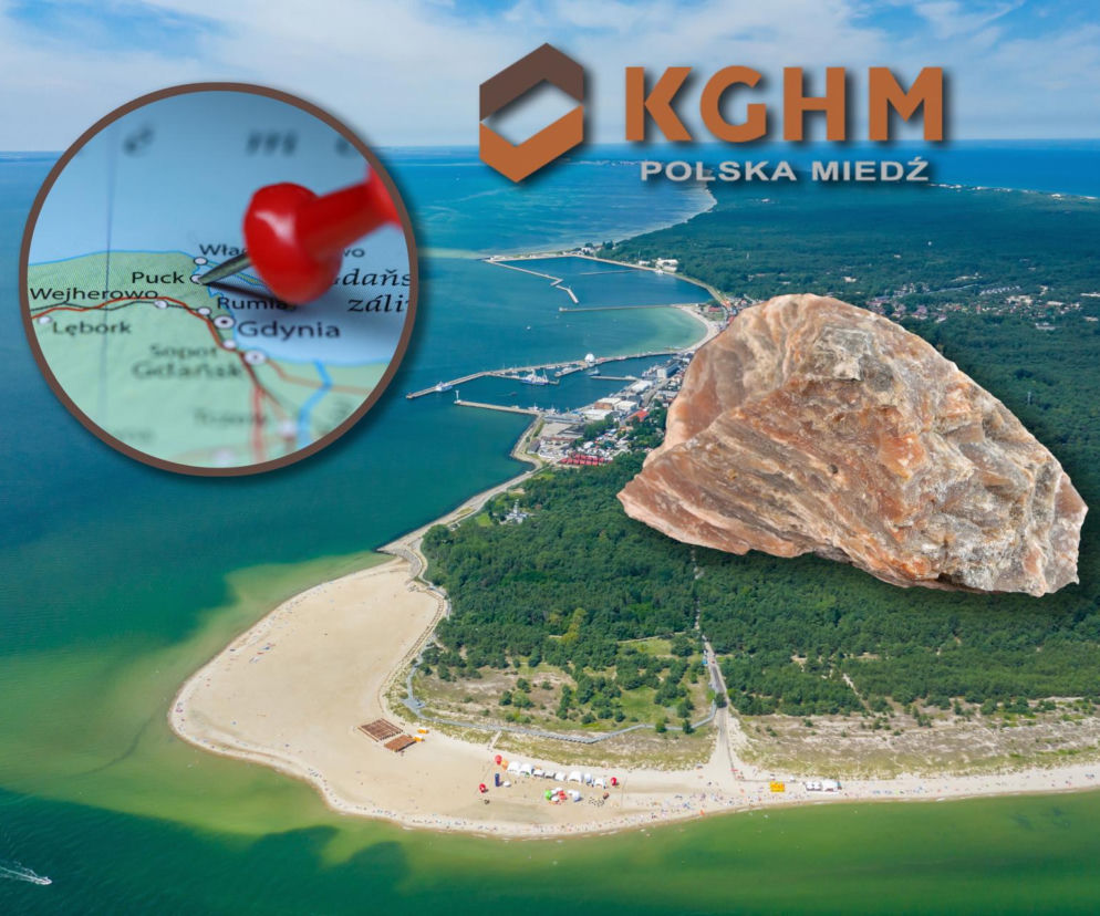 Wybrzeże w Pucku, bryła polihalitu i logo KGHM. Na miniaturze mapa z pinezką. O nowej kopalni przeczytasz na Eska.