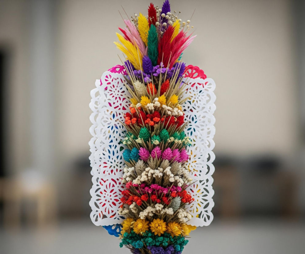 Centralnie umieszczona, wysoka palma wielkanocna złożona jest z wielu rzędów suszonych kwiatów i traw, ułożonych warstwowo w tęczową mozaikę barw. Wierzchołek zdobią długie, puszyste pióra w jaskrawych kolorach takich jak czerwony, żółty, różowy i fioletowy, a poniżej znajdują się gęste skupiska drobnych kwiatów w odcieniach czerwieni, pomarańczy, bieli, zieleni, fioletu i różu, przeplatane naturalnymi, beżowymi kłosami traw. Konstrukcja palmy otoczona jest z obu stron dwoma białymi, koronkowymi serwetkami papierowymi z wyciętymi wzorami, które delikatnie wystają poza kolorowe kwiaty. Tło jest rozmyte, beżowo-szare, z widocznymi ciemniejszymi plamami i niewyraźnymi zarysami przedmiotów, takich jak ciemne drzwi po lewej stronie.