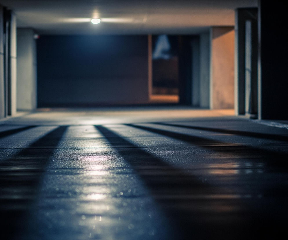 Długi, ciemny korytarz rozciąga się w głąb obrazu, z wyraźnym punktem światła na suficie. Na podłodze widoczne są równoległe, jasne pasy światła i ciemne cienie, tworzące wrażenie tekstury. Po bokach korytarza znajdują się pionowe, ciemne ściany lub filary, dodające perspektywy. Dominują chłodne odcienie błękitu i szarości, z niewielkimi, ciepłymi akcentami pomarańczowego światła w głębi po prawej stronie.