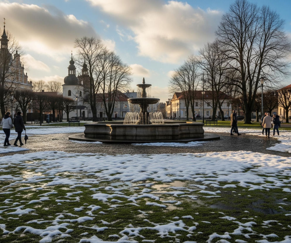 Centralne miejsce zajmuje kamienna fontanna o dwóch poziomach, z której tryskają strumienie wody. Wokół niej rozpościera się trawnik pokryty płatami topniejącego śniegu, przeplatającego się z zieloną trawą i kałużami, a dalej wybrukowane ścieżki. Z lewej strony widać fasady budynków z oknami, w tym jasny kościół z wysoką wieżą zwieńczoną krzyżem i dwiema mniejszymi kopułami, a z prawej kolejne budynki z pomarańczowymi dachami. Parkowe drzewa o nagich konarach, niektóre przycięte w geometryczne kształty, otaczają plac, natomiast na horyzoncie widoczne jest niebo w odcieniach błękitu i pomarańczu, z kilkoma chmurami.