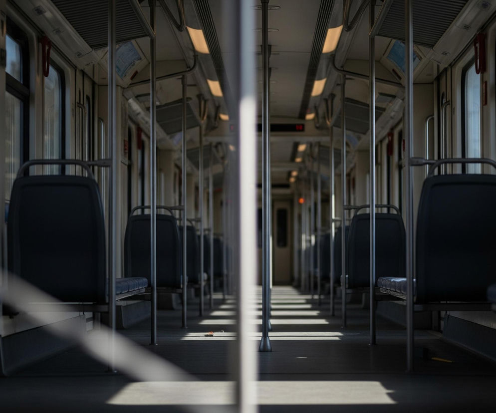 Wnętrze pustego pociągu lub wagonu metra, z perspektywą biegnącą wzdłuż korytarza. Po obu stronach widoczne są rzędy ciemnoniebieskich siedzeń, oddzielone srebrnymi, pionowymi słupkami, które ciągną się aż do sufitu. W górnej części wagonu, po bokach, rozmieszczone są prostokątne lampy emitujące ciepłe, żółte światło, a na suficie biegnie wentylacja z listew. Zewnętrzne światło wpada przez okna po lewej i prawej stronie, tworząc na podłodze wyraźne pasy cienia i światła, podkreślając pustkę przestrzeni.