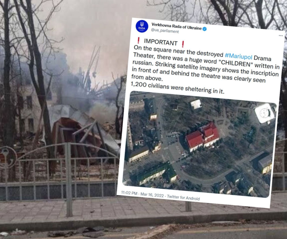 Mariupol: Rosjanie zbombardowali teatr. Z góry dobrze widoczne były napisy dzieci