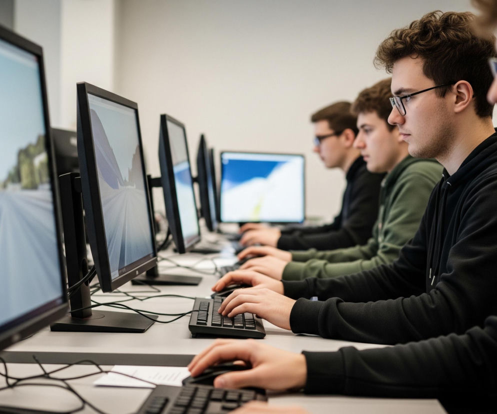 Rząd młodych mężczyzn siedzi przed monitorami komputerów w jasnym pomieszczeniu. Skupiają się na ekranach, używając klawiatur i myszy, ich dłonie są widoczne na biurkach. Mężczyźni noszą swetry lub bluzy z długim rękawem, a ich twarze są skierowane w stronę monitorów, z których jeden, znajdujący się w lewej części kadru, wyświetla abstrakcyjny obraz z niebieskimi i białymi kształtami oraz wzorem przypominającym drogę.