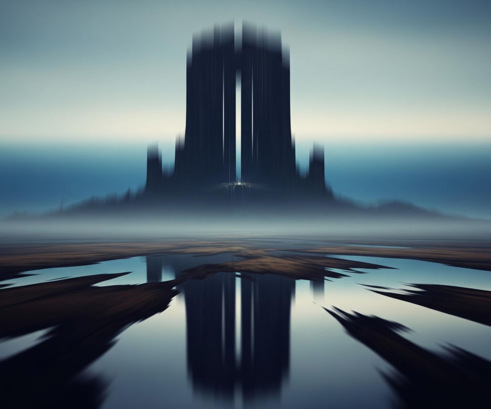 Centralnie dominuje wysoka, ciemna budowla o pionowych liniach, sprawiająca wrażenie monumentalnej i lekko rozmytej. Budynek posiada pionową szczelinę w środku, z której emanuje jasne światło. Otacza go mglista, zamglona przestrzeń, która rozciąga się w głąb obrazu. Na pierwszym planie widoczne są fragmenty lądu o brązowo-granatowych barwach, porozdzielane kałużami wody, które odbijają zniekształcony obraz budowli i błękitnego nieba. Całość utrzymana jest w chłodnej palecie barw, od jasnego błękitu nieba, przez ciemniejsze odcienie wody i budowli.