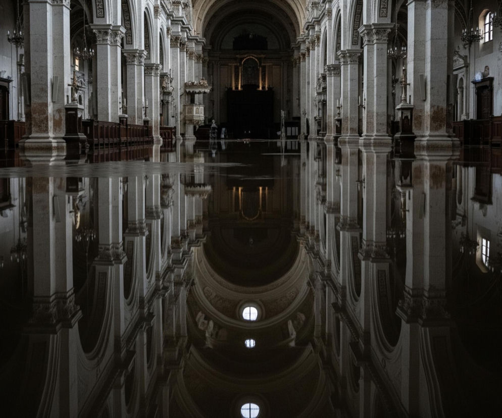Wnętrze kościoła jest zalane wodą, która odbija jego sklepienie i detale architektoniczne. Długa przestrzeń nawy głównej, ujęta od wejścia, ukazuje rzędy masywnych, jasnych kolumn po obu stronach, podtrzymujących sklepione łuki. W oddali widoczny jest ołtarz główny i prezbiterium, pogrążone w cieniu, z centralnie umieszczonym, ciemnym krzyżem. Odbicie świetlika z kopuły i niewielkich okien jest wyraźnie widoczne na błyszczącej tafli wody.