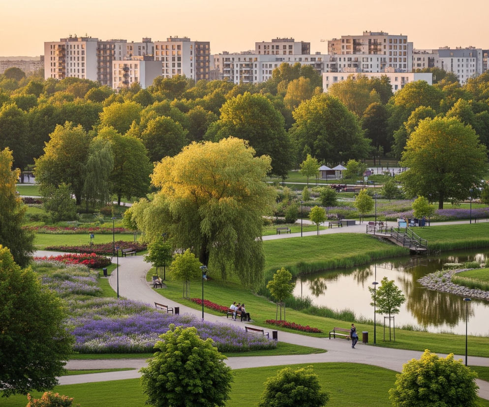 Obszerny park miejski z falistymi ścieżkami wijącymi się przez zielone trawniki i liczne drzewa, w tym wyraźnie widoczne wierzby o jasnozielonych liściach. Na pierwszym planie i w centrum znajdują się rozległe rabaty kwiatowe w odcieniach fioletu i czerwieni, a także drewniane ławki, na których siedzi kilka osób. W centrum obrazu rozciąga się zbiornik wodny z mostkiem łączącym jego brzegi, a na dalszym planie widać szereg jasnych, nowoczesnych bloków mieszkalnych z balkonami, wszystkie skąpane w ciepłym, pomarańczowo-złotym świetle zachodzącego słońca.