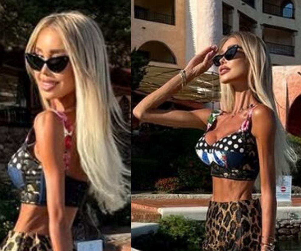 Szczupła Julia Dybowska w ciemnych okularach na tle luksusowego hotelu. O diecie celebrytki przeczytasz na SE.
