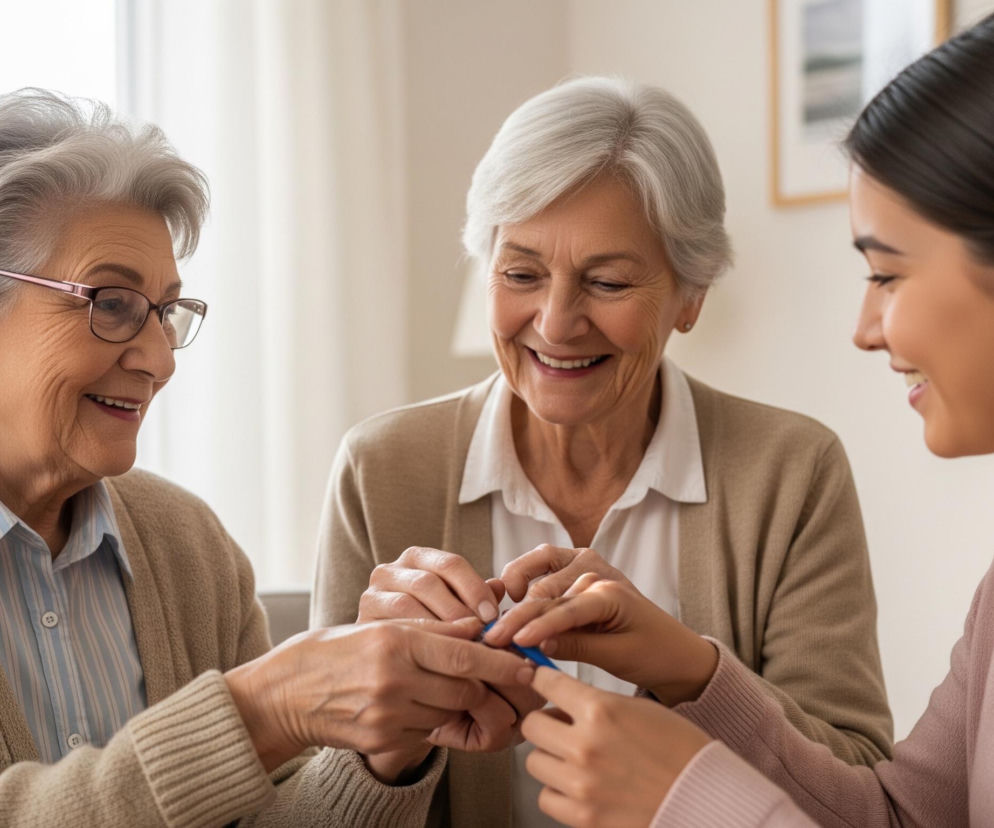 Trzy kobiety, dwie starsze i jedna młodsza, siedzą razem, skupiając uwagę na małym, niebieskim przedmiocie trzymanym w rękach. Starsza kobieta po lewej stronie, z siwymi włosami i w okularach, ma na sobie beżowy sweter rozpinany i błękitną koszulę w paski, patrząc z uśmiechem na dłonie pośrodku. Kobieta pośrodku, również z siwymi włosami, ubrana jest w podobny beżowy sweter rozpinany i białą koszulę, jej uśmiechnięta twarz skierowana jest w dół, a dłonie pomagają w manipulowaniu niebieskim przedmiotem. Młodsza kobieta po prawej stronie, z ciemnymi włosami, ma na sobie różowy golf, również uśmiecha się i patrzy w dół, a jej dłonie są aktywne wokół niebieskiego obiektu, którym wszystkie trzy się zajmują.