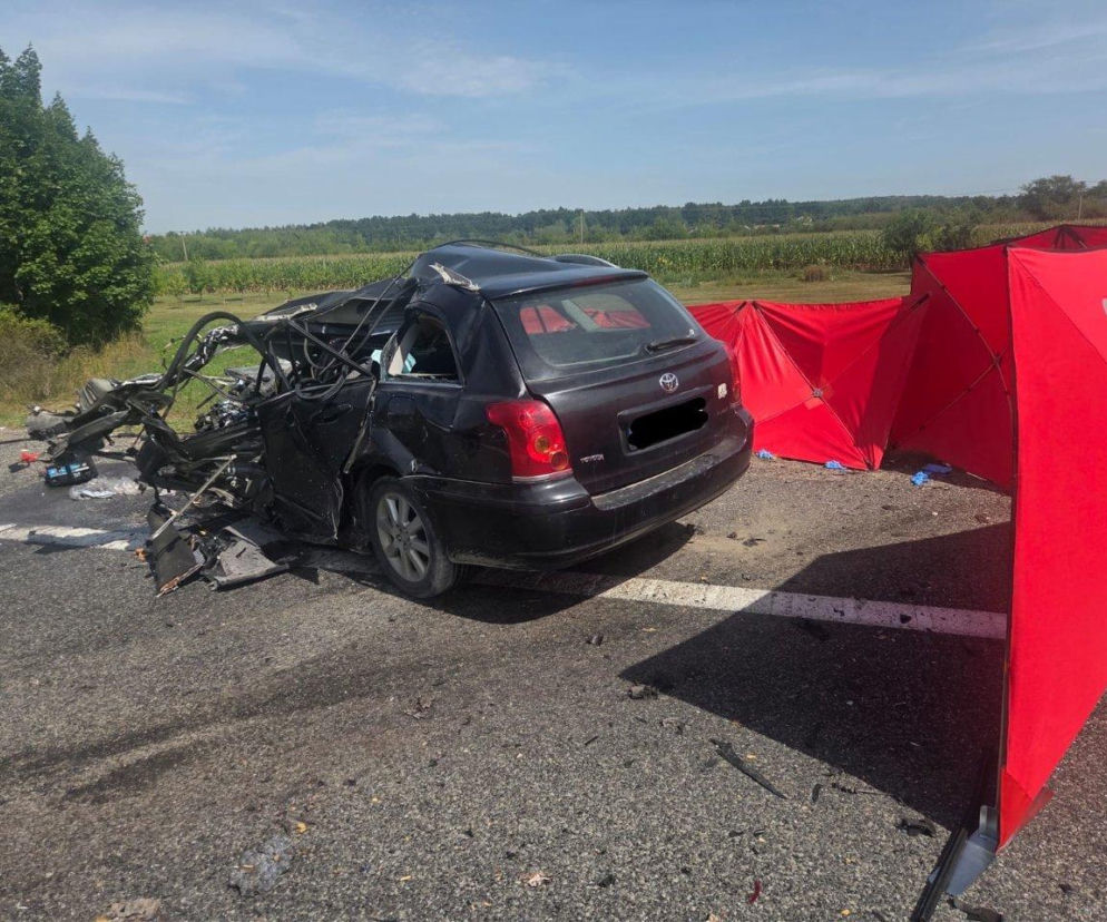 Rozbity czarny samochód osobowy na drodze obok czerwonego parawanu straży. O wypadku na DK9 przeczytasz na SE.