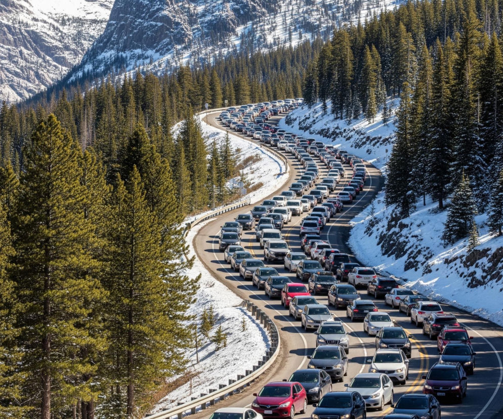 Droga wijąca się wśród ośnieżonych gór i gęstego lasu sosnowego jest zatłoczona licznymi samochodami w jasny, słoneczny dzień. Pojazdy stoją w długiej kolejce na obu pasach, dominują odcienie szarości, czerni i granatu, choć widać też pojedyncze akcenty czerwieni czy bieli. Ośnieżone zbocza górskie z ciemnymi skałami w tle, połączone z zielonymi sosnami na pierwszym planie i wzdłuż drogi, tworzą zimowy krajobraz. Słońce rzuca długie cienie na śnieg i oświetla czubki niektórych drzew.