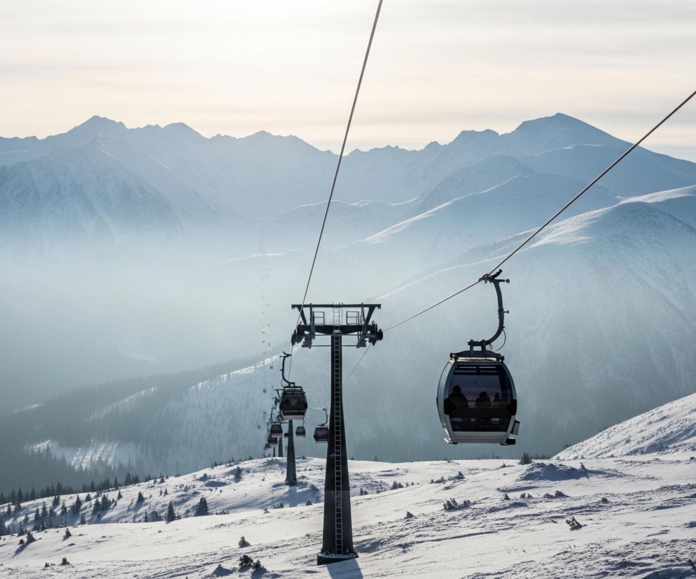 Na pierwszym planie, z prawej strony, widoczna jest szara gondola wyciągu narciarskiego, z kilkoma ciemnymi sylwetkami ludzi wewnątrz, poruszająca się na tle zimowego, zaśnieżonego krajobrazu górskiego. Od niej w lewo biegnie lina, podtrzymywana przez ciemnoszary słup wyciągu, z kolejnymi gondolami w oddali. Cały pejzaż pokryty jest grubą warstwą białego śniegu, z pojedynczymi małymi, ciemnymi drzewkami iglastymi rozrzuconymi na zboczach. W tle dominują majestatyczne, pokryte śniegiem góry, zanurzone w lekko zamglonym, niebieskawym powietrzu, a horyzont rozświetla jasne, słoneczne niebo.