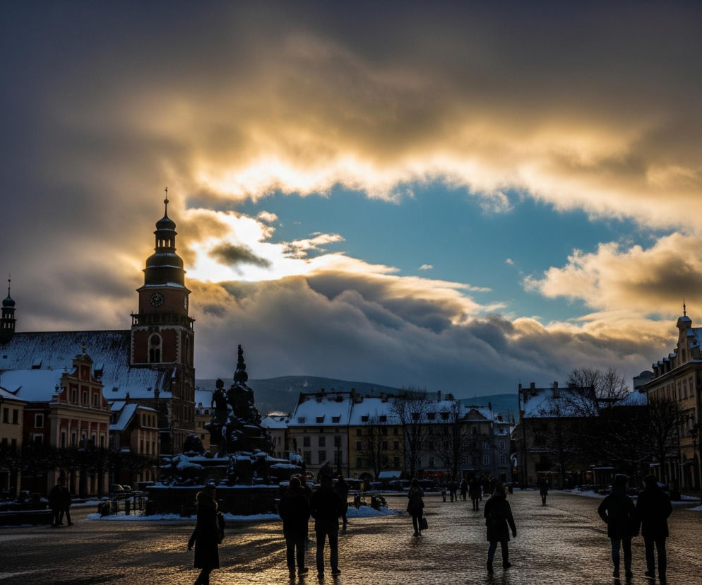Słońce przebija się przez puszyste, złote i ciemne chmury, oświetlając niebo i nadając blask brukowi placu miejskiego, pokrytemu cienką warstwą śniegu. W centrum placu widoczny jest duży, ciemny pomnik z rzeźbami, częściowo pokryty śniegiem. Po lewej stronie dominuje wysoka, ceglana wieża zegarowa z czarnym hełmem, a obok niej rozciąga się budynek kościoła, również pokryty białym puchem.

Wokół placu stoją zabytkowe kamienice o różnokolorowych fasadach, ozdobione detalami architektonicznymi, ich dachy również przykrywa śnieg. W tle majaczą zarysy ośnieżonych gór. Na placu przemieszczają się sylwetki ludzi, rzucających długie cienie na mokry, błyszczący bruk. Całość tworzy zimowy pejzaż miejski, skąpany w dramatycznym, popołudniowym świetle.