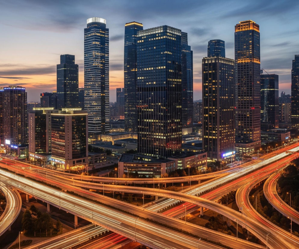 Panoramę miasta o zmierzchu zdominują liczne, wysokie wieżowce, z których wiele ma podświetlone okna lub fasady, tworząc złociste i białe akcenty świetlne. Na pierwszym planie rozciąga się skomplikowana sieć autostrad i estakad, na których widoczne są smugi światła od jadących samochodów, jasne z przodu i czerwone z tyłu. Niebo w tle przechodzi od bladego błękitu na górze, przez odcienie pomarańczu i różu, aż do ciemniejszych tonów u horyzontu.