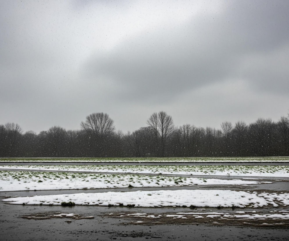 Ponury, zimowy krajobraz z dominującym szarym niebem, z którego gęsto sypie drobny śnieg. Horyzont wyznacza ciemny pas nagich drzew. Poniżej rozciąga się równy, zielony pas trawy, a przed nim, na pierwszym planie, widoczne są nieregularne płaty topniejącego śniegu i kałuże błota, z których miejscami wystaje zielona trawa.